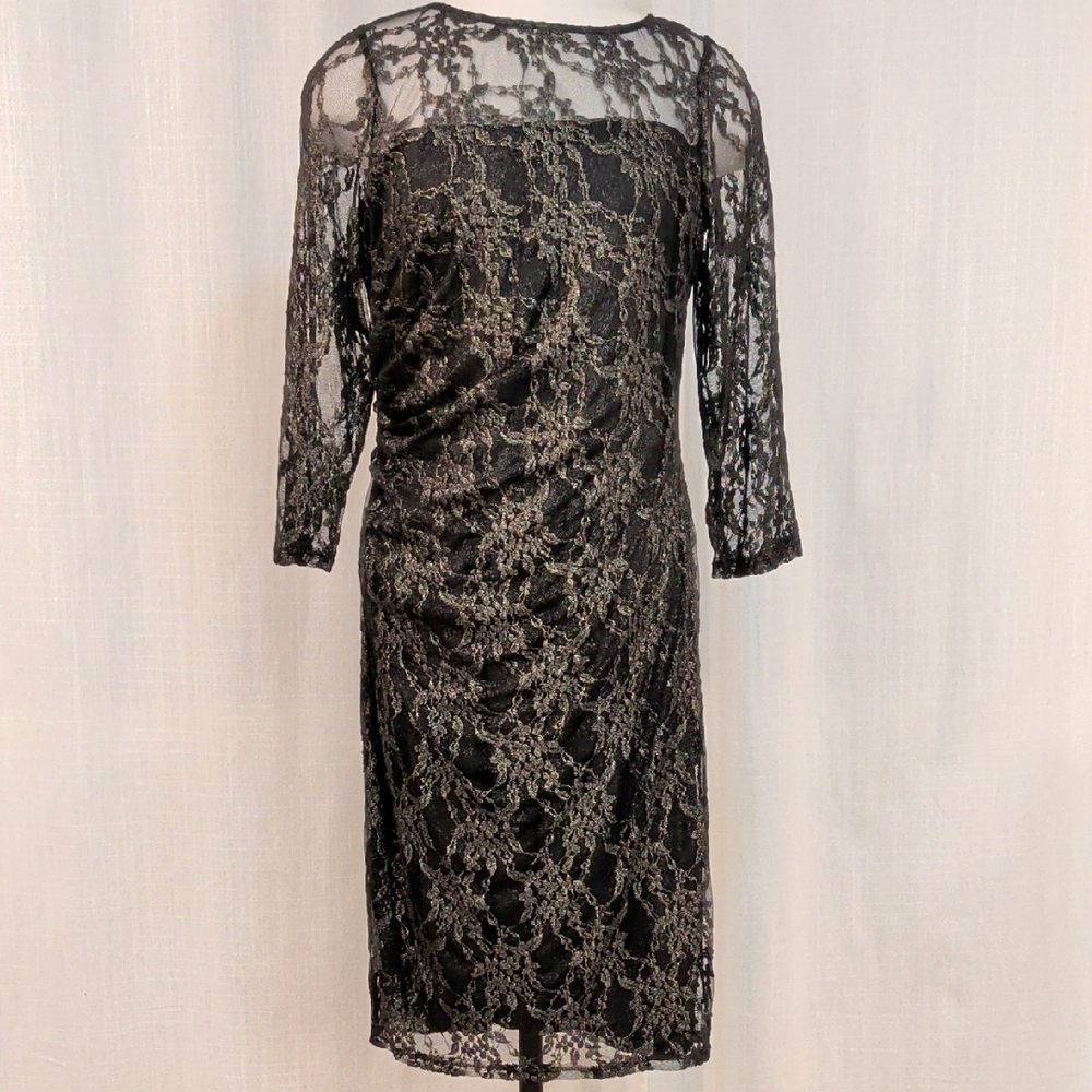 David Meister Black and Gold Lace 3/4 Sleeve Dress